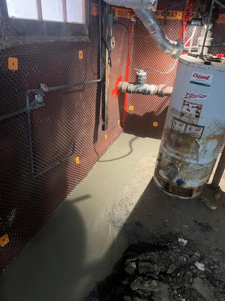 Interior waterproofing with Delta-MS membrane installed near water heater