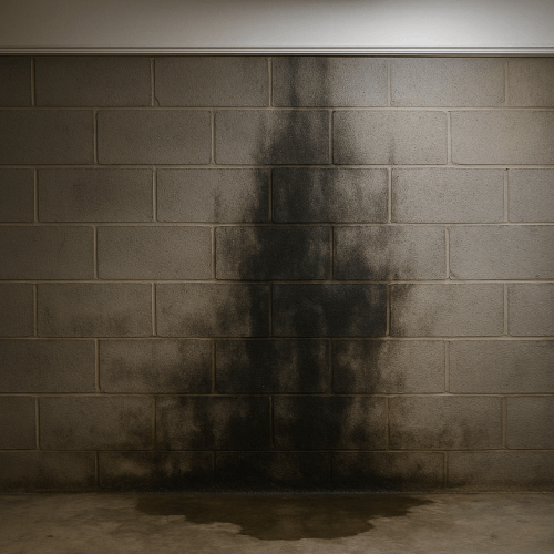 Water damage and moisture stains on a basement wall